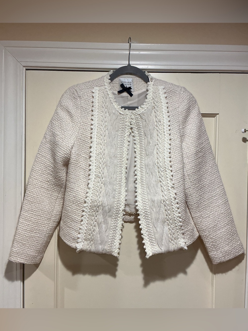 NWOT Edward Achour Textured Ivory Crochet-Trim Jacket, Size FR 38